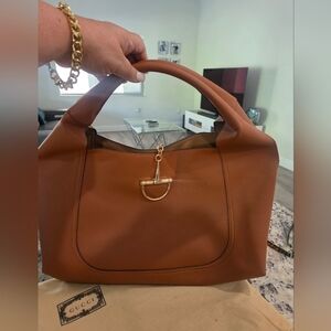 Brown Leather Feel Top-Handle Womens Bag with Gold Hardware